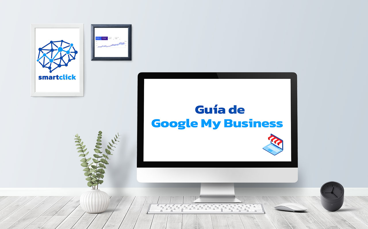 Ordenador sobre un escritorio con este mensaje en la pantalla: "Guía de Google My Business". Esta imagen se utiliza para ilustrar una entrada sobre todo lo que debes saber de Google My Business.